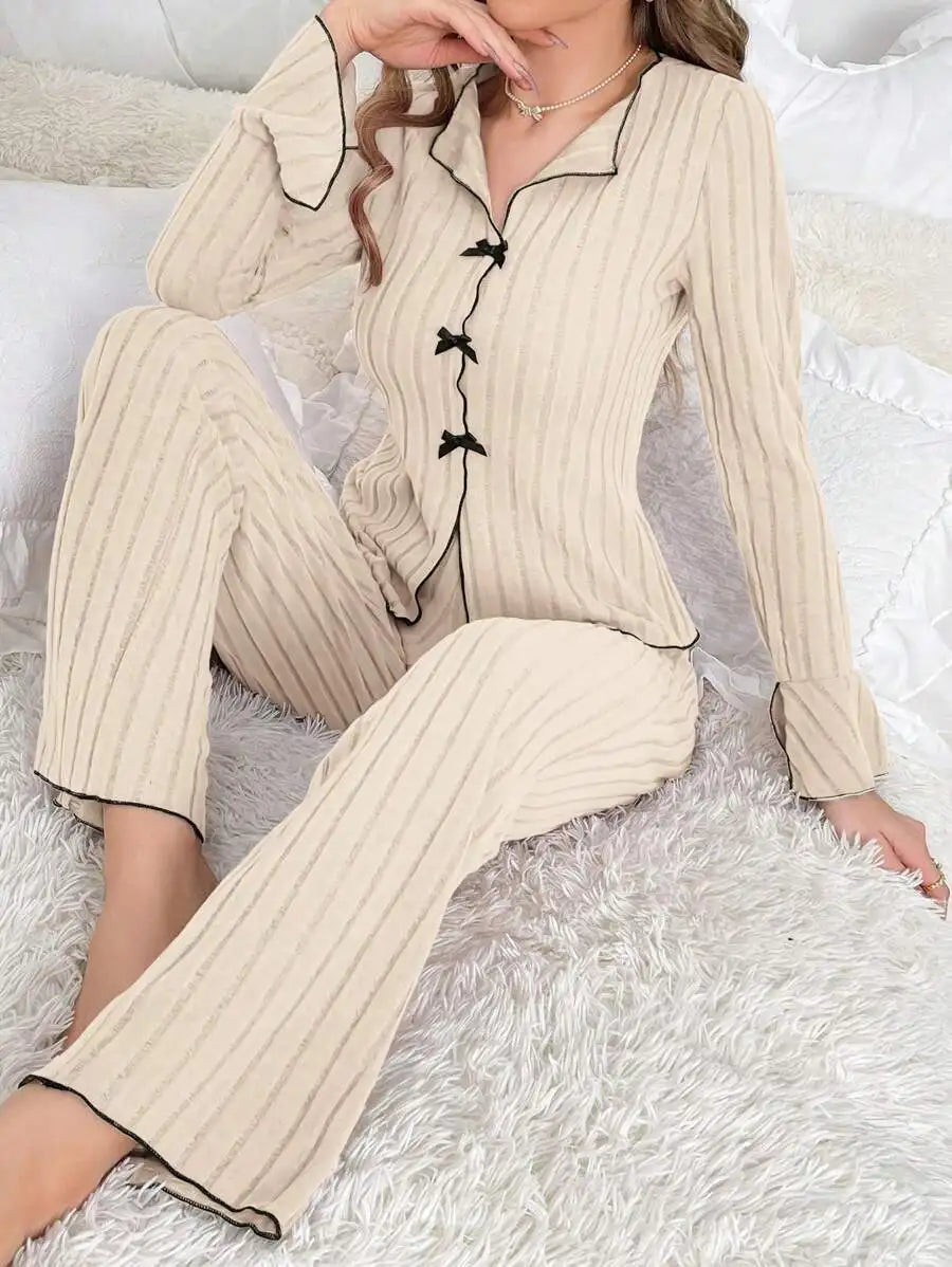 Pijama Dos Piezas de Canalé con Lazos Frontales