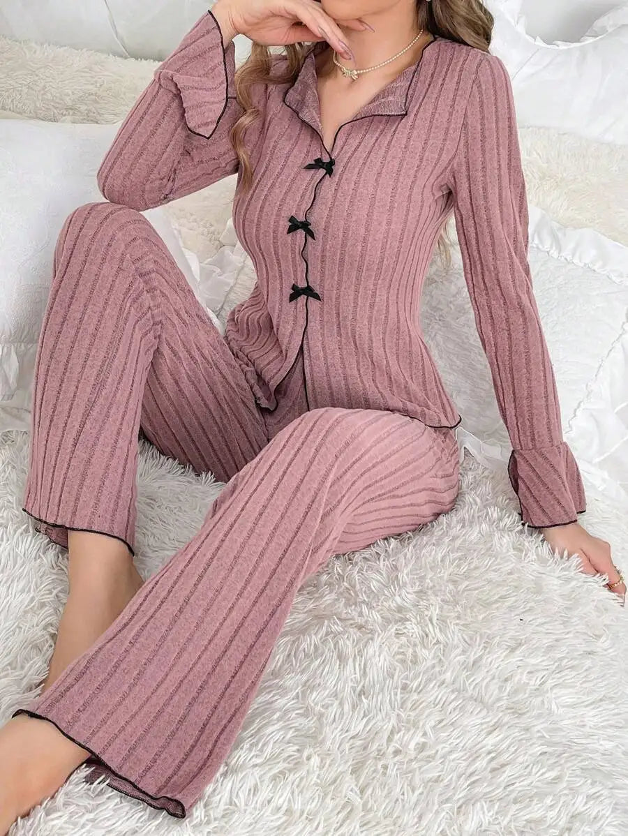 Pijama Dos Piezas de Canalé con Lazos Frontales