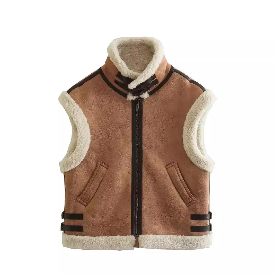 Chaleco Estilo Aviador en Ante con Forro de Borrego y Hebillas